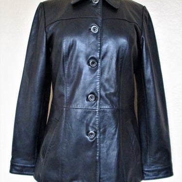 Vintage 1990s Vakko Leather Peacoat, Small Women, black leather coat 