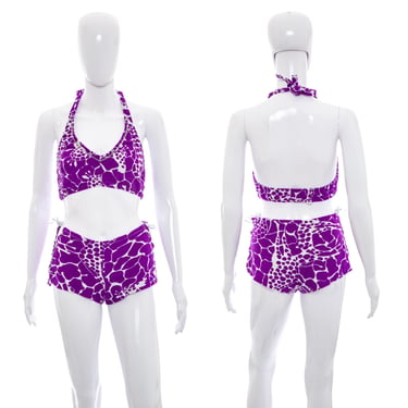 1970's Purple and White Printed Bikini Size XS/S