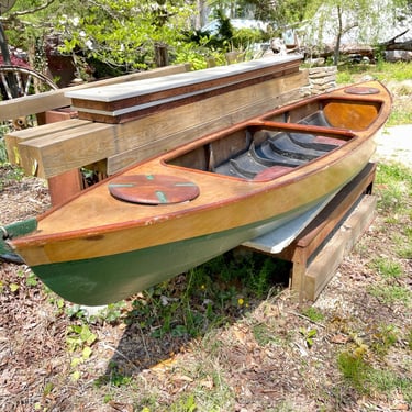1980s Vintage Canoe 13' Fiberglass + Wood Boat Row Bay Fishing Mid-Century 