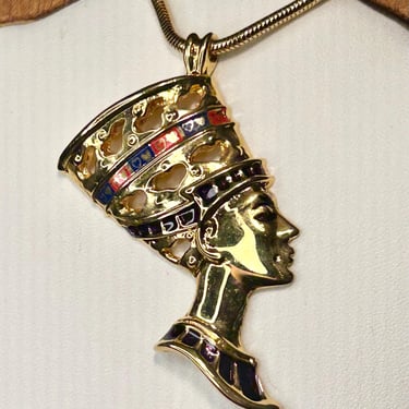 Vintage Nefertiti Pendant Necklace Queen Energy Gold Tone Lux Egypt Egyptian 