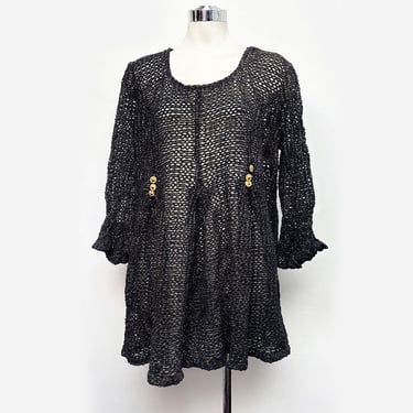 XL 1980's Black Crochet Net Baby Doll Dress Vintage Gold Lurex, Size 22, Plus Size Large 
