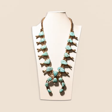 Signed Tony Garcia Native American Turquoise Squash Blossom Necklace, Navajo Pearls, Old Pawn Jewelry, 28 1/2" L 