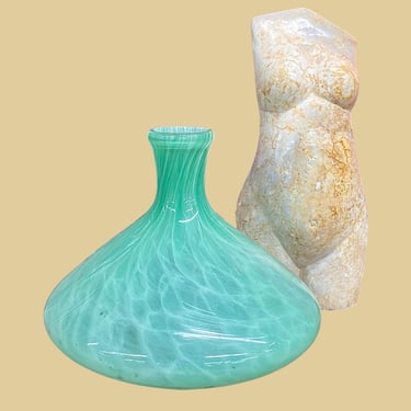 Vintage Vase Retro 1990s Contemporary + Handblown + Art Glass + Turquoise + White Line Pattern + Small Size + Modern + Bookshelf Home Decor 