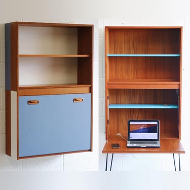 Custom Wall-Mounted Hideaway Desk - Computer / Writing / Shelving / Display - Floating / Hairpin Legs - G Plan - Mid Century - MCM - Bespoke 