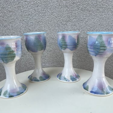 Vintage wine goblets set 4 studio art pottery signed pastels splash holds about 6 ozs 