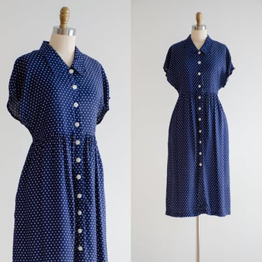 navy blue polka dot dress 90s vintage Ellen Ashley oversized midi dress 