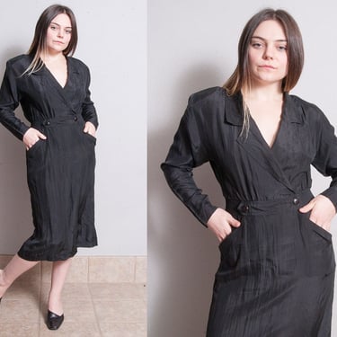 Vintage 1980's | Black | 100% Silk | Minimalist | Dress | M 