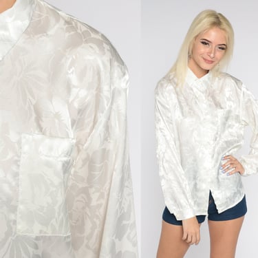 White Floral Blouse 90s Semi Sheer Embossed Button Up Shirt Long Sleeve Collared Romantic Secretary Top Formal Party Vintage 1990s Medium M 