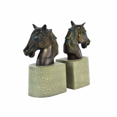 Pair Vintage Verdigris Bronze Horse Head Bookends on Faux Marble Bases 