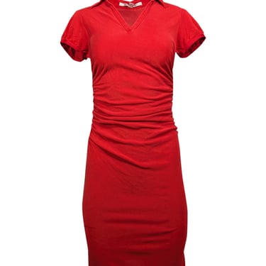 Diane von Furstenberg - Red Short Sleeve Silk Side Ruched Dress Sz 4