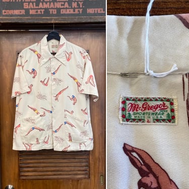 Vintage 1930’s “McGregor” Cartoon Diver Swim Cotton Twill Cabana Hawaiian Shirt, Original, 30’s Vintage Clothing 