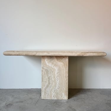1980’s Italian Postmodern Bullnose Edge Beige Travertine Console Table by Stone International 