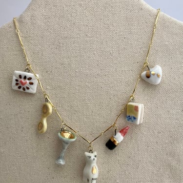 Custom Handmade Clay Charms with Gold Luster | Hand-painted Porcelain Charm Pendants  | Retro Ceramic Charms | Vintage Miniatures Necklace 