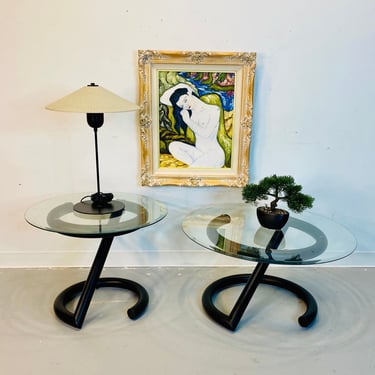 1980s Postmodern Set of Two Black Spiral Metal and Glass Side Tables 