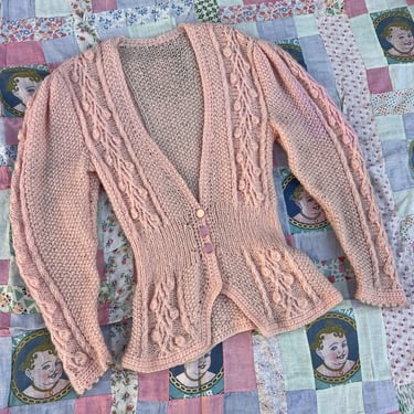 Vintage 1930s Pink Knit Wool Sweater Cardigan Balloon Sleeves  Blouse Dress Top
