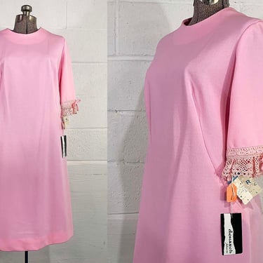Vintage Pink Shift Dress Wiggle Lace Trim Half Sleeve Sheath Wedding Guest Party 1960s Yardley Fashion Mod Twiggy Deadstock NOS Large 60s 