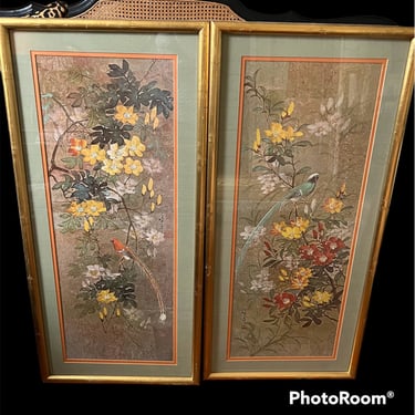 Pretty vintage Asian themed prints in gold faux bamboo frames 