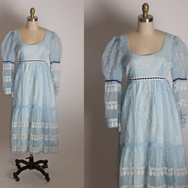 1970s Sheer Blue and White Embroidered Pattern and Polka Dot Mutton and Angel Sleeve Renaissance Style Dress by Clara Tate -XS 
