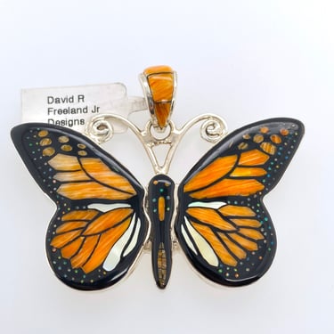 David R Freeland Jr Artisan Multi Stone Inlay Butterfly Pendant Sterling Silver 