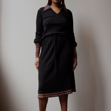 1970s black wool knit dress w/ contrast trim