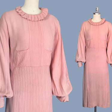 1930s Dress / 30s Dusty Pink Rayon Crepe Day Dress / Breast Pockets / Balloon Long Sleeves / Pierrot Collar / Ruching 