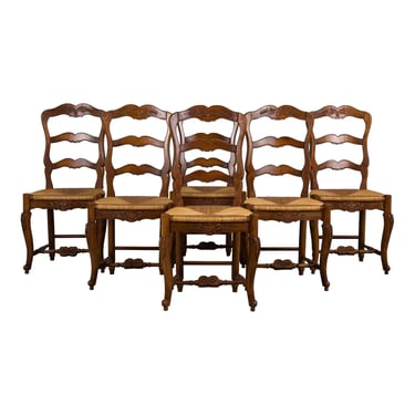 French Louis XV Style Provincial Maple Dining Chairs W/ Rush Seats - Set of 6 