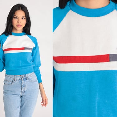 80s Nike Sweatshirt Blue Striped Pullover Crewneck Sweatshirt Swoosh Logo Graphic Streetwear Sportswear White Vintage 1980s Extra Small xs 