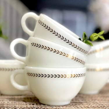 VINTAGE: 6pcs - PYREX Gold Leaf Olive Branch Teacups - Tableware by Corning - Milk Glass - SKU 