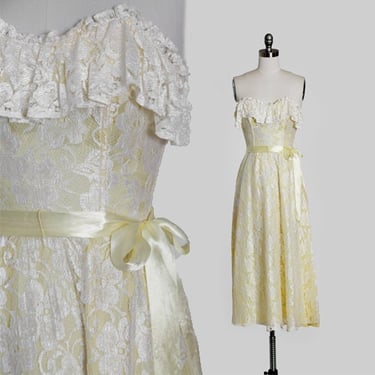 Vintage 80s yellow floral lace strapless dress 