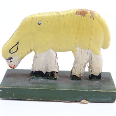 Antique German Wooden Sheep on Wood Stand, Hand Painted Stand Up Toy for  Christmas Nativity or Putz 