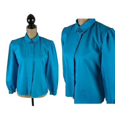 80s Blue Blouse Medium, Puff Long Sleeve Button Up Shoulder Pads, Modest Office Wear, 1980s Clothes Women, Vintage Clothing Suburban Petites 
