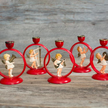 Vintage German Angel Candleholders Playing Instruments Made in Germany - Set of 5 