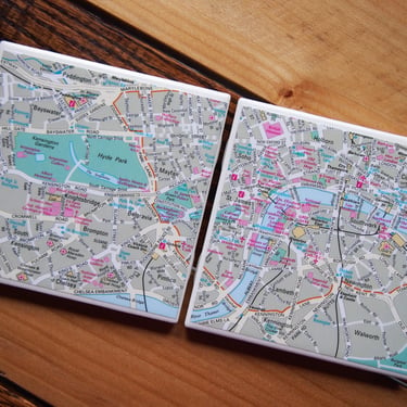 2016 London England Map Coaster Set of 2. London Map Gift. England Coasters. London Decor. British Gift. Hyde Park Buckingham Palace. Thames 