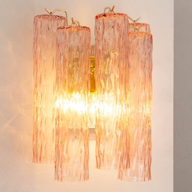 Wall sconce with Murano glass pink color Made in Italy, vintage style wall lamp with cylinders 