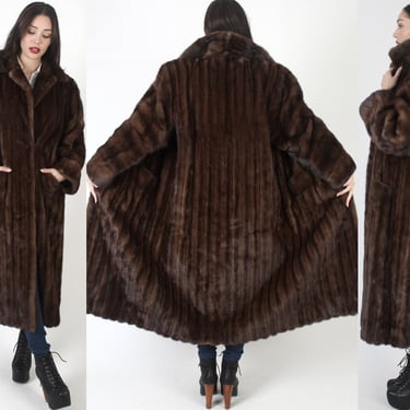Luxurious Full Length Brown Real Mink Coat, Large Long Fur Back Collar Overcoat, Vintage 80s Winter Red Carpet Jacket 