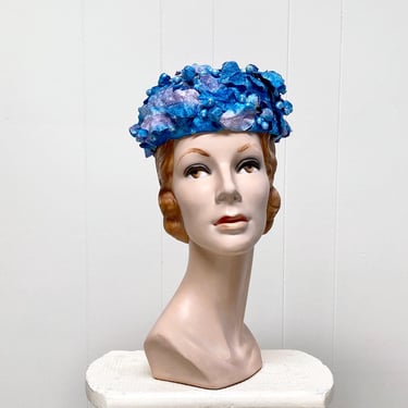 Vintage 1960s Pillbox Hat w/Turquoise and Purple Ombré Velvet Leaves & Berries, Bullock's Mid-Century Spring/Summer Fashion, One Size, VFG 