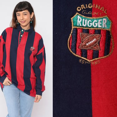 Striped Polo Shirt 90s Gant Rugger Red Navy Blue Long Sleeve Collared Shirt Retro Athletic Button Up Pullover 1990s Vintage Men's Large 