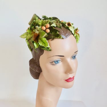 1950's Green Velvet Ivy Leaf Fascinator with Orange Fruits Berries Bow Trim 50's Millinery Marshal Field & Company 