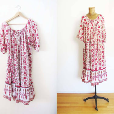 Vintage 70s Indian Cotton Dress One Size  - 1970s Floral Print Red Tan Bohemian Hippie Wide Short SleevePeasant Sundress 