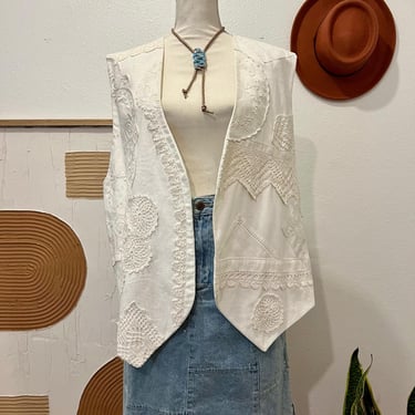 Vintage White Crochet Patchwork Open Style Summer Western Indie Vest XXL 