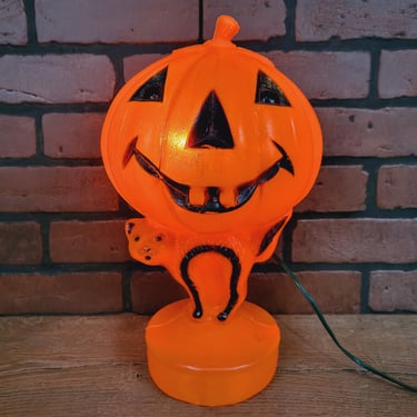 Plastic Blow Mold Orange Light Pumpkin with Black Cat 