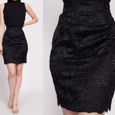 80s Black Lace Mini Skirt - Small, 26" | Vintage Francine Browner Scalloped Floral Lace Pencil Skirt 