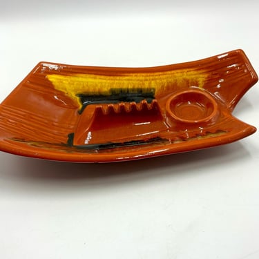 MCM California Pottery Large Ceramic Ashtray, Drip Glaze Orange, Yellow, Brown, with Table Lighter Holder, 15