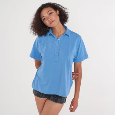 Blue Polo Shirt 90s Collared T-shirt Preppy Basic Short Sleeve Top Half Button Up Plain Casual Blouse Single Stitch Vintage 1990s Large L 