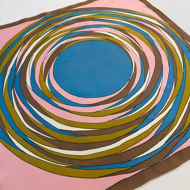 MOD Vintage 50s 60s Scarf | Rockabilly | Modernist Abstract Concentric Circles | Pale Pink, Light Blue, Light Brown, Carmel | Made In Italy 