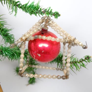 Antique Mercury Glass Beads Christmas Tree Ornament, Vintage Beaded House 