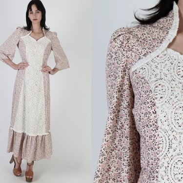 70s Pilgrim Era Folk Dress / Country Calico Small Floral Print Dress / Ivory Cotton Homespun Long Dress 