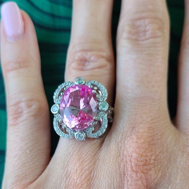 Huge Pink Crystal Sterling Silver Ring Size 6