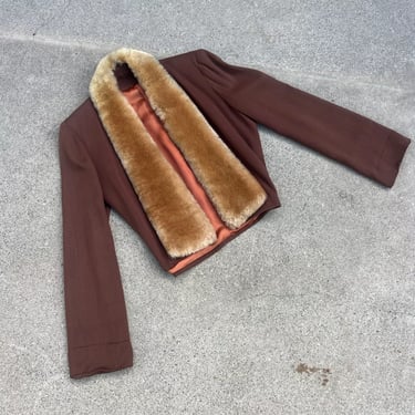 Vintage 1940s Brown Gabardine Sportswear Jacket Cropped Fit Faux Fur 1930s