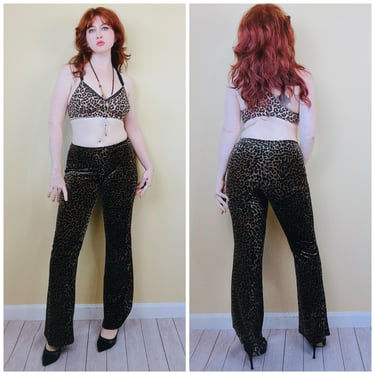 Y2K Hotkiss Vintage Velvet Mid Rise Pants / 90s Leopard Print Shania Twain Flared Trousers / Size Medium 